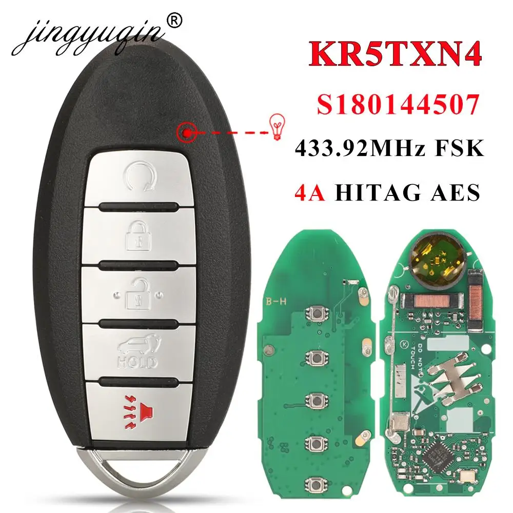 

jingyuqin KR5TXN4 S 180144507 Умный 5-кнопочный ключ для Nissan Rouge 2019 2020 2021 Kicks 433 МГц 4A HITAG AES NCF29A1M 285E3-6RR7A