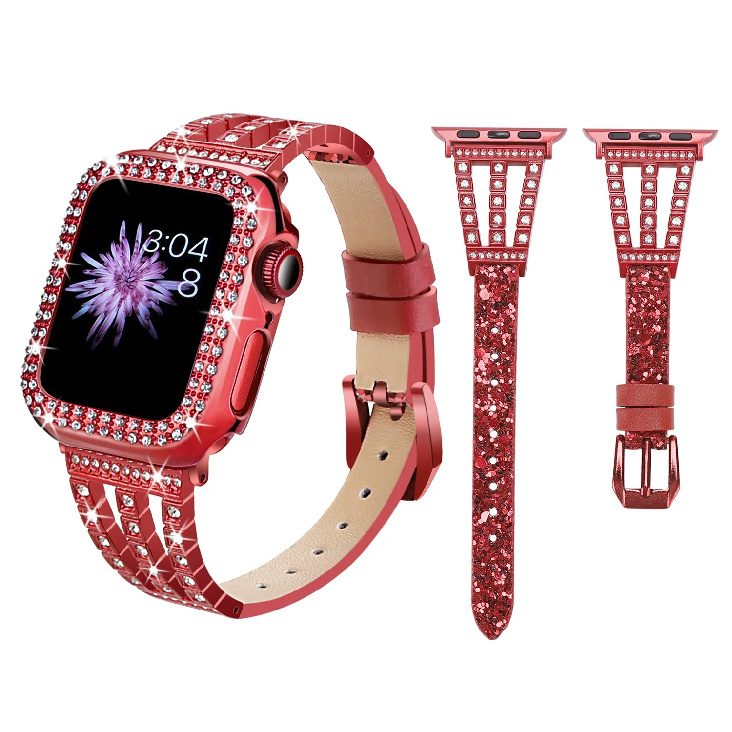 Diamond Case+strap for Apple watch band 45mm 41mm 44mm 42mm 38/40mm Iwatch 7 6 5 4 Accessories Stainless steel+leather bracelet