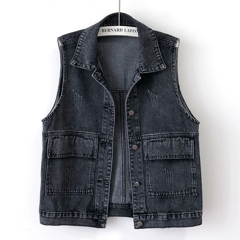 Plus Size New Women Denim Vest Fashion Ripped Autumn Blue Jeans Jacket Sleeveless 2023 Spring Loose Short Coat Causal Waistcoats