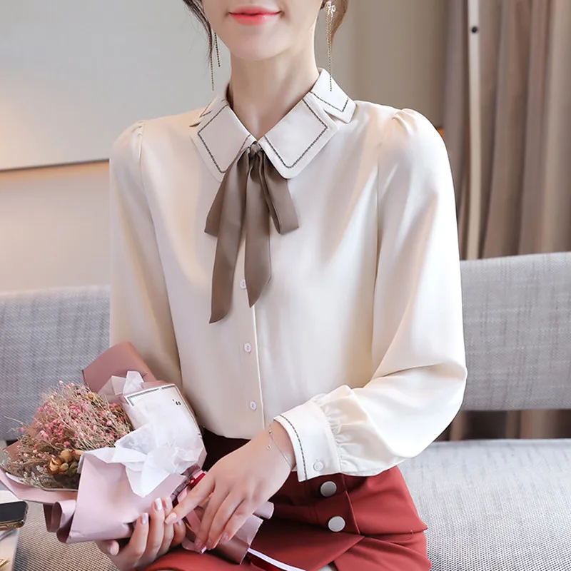 

TB03 Korean Blouses Women Chiffon Solid Shirts Office Lady Long Sleeve Shirt Blouses Autumn Woman Bow Tie Blouse Tops Plus Size