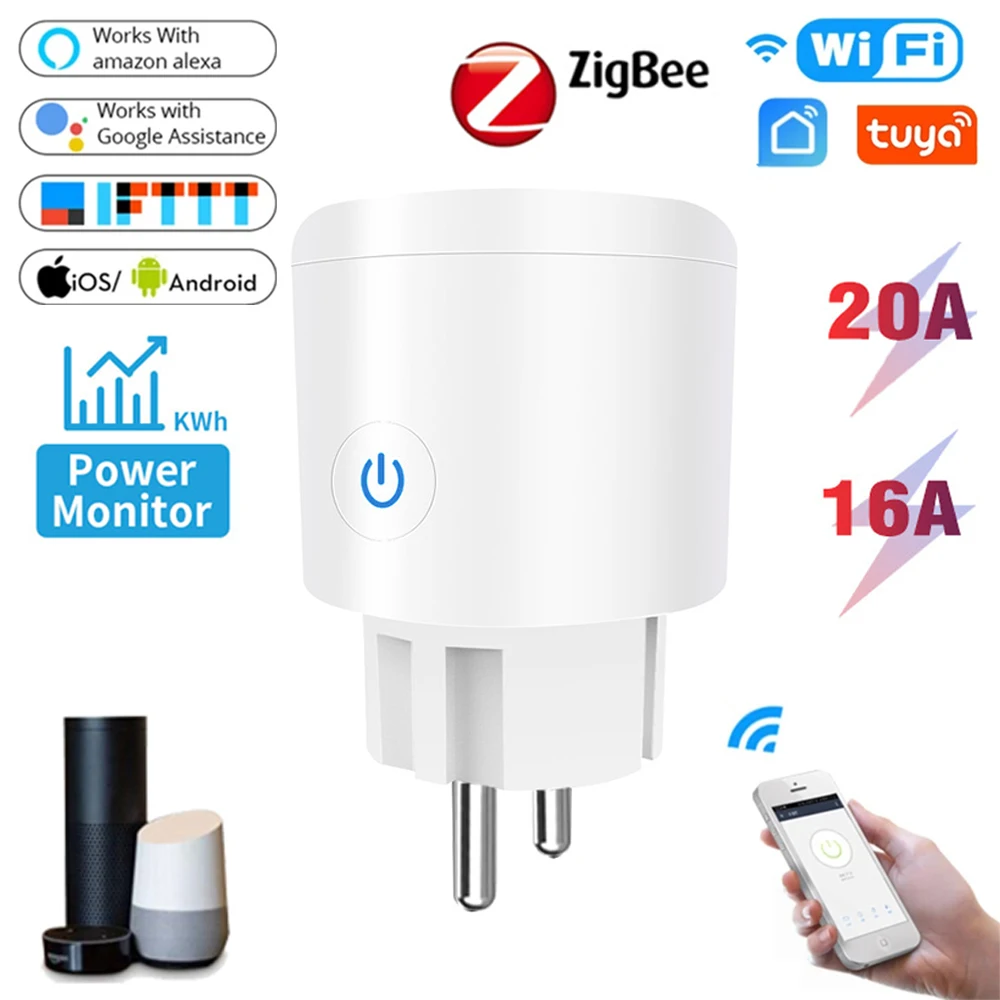 

ZigBee Tuya Wifi Smart Plug 16A/20A EU FR Socket Power Monitor Timing Voice Remote Control Outlet Works with Alexa Google Home