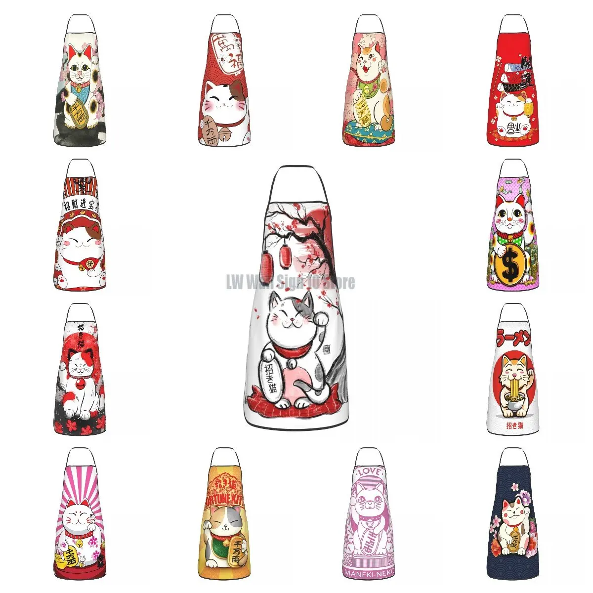 

Bib Maneki Neko Sakura Flowers Aprons Men Women Adult Chef Cooking Kitchen Lucky Cat Cherry Blossom Tablier Cuisine Baking