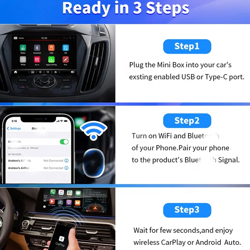 Мини-адаптер 2-в-1 для беспроводного CarPlay и Android Auto, преобразователь проводного в беспроводной, AI-бокс для Toyota, VV, Peugeot, Plug and Play, 3.7x1см (art.: 3920dbcd8bc2b) - 3920dbcd8bc2b