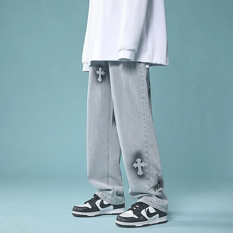 Men's Denim Pants Fashion Loose Wide Leg Jeans Casual Streetwear Printed Cross Trousers Oversize Pants Baggy Men Jeans