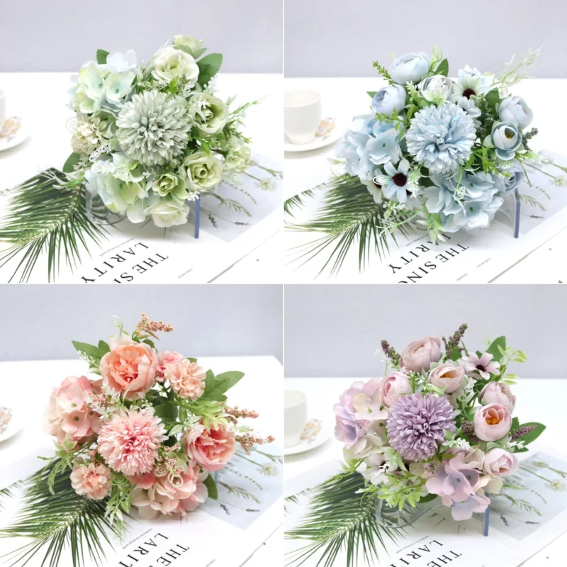 

Artificial Flowers Retro Silk Rose Bouquet Hydrangea Peony Vintage Bride Holding Fake Plants Home Wedding Decoration Accessories