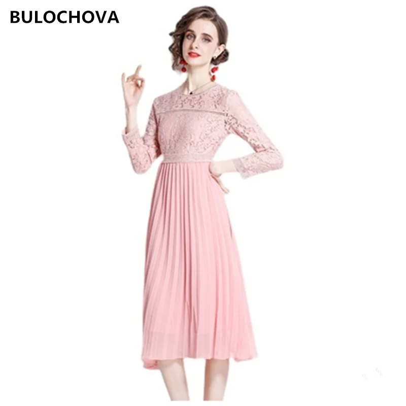 

Женское длинное шифоновое платье, подиумное розовое лоскутное платье с кружевом, повседневное облегающее платье-трапеция с длинным рукаво...