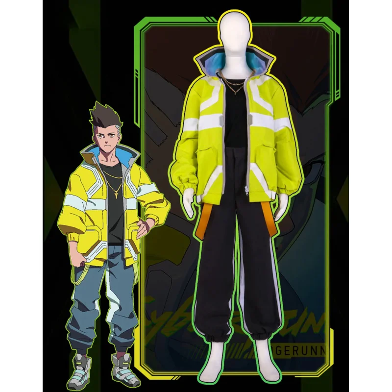 

Anime Cyberpunk Edgerunners David Martinez Cosplay Costume Yellow Stand Collar Jacket Pants Men Aldult Clothing Zipper Punk Coat