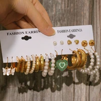 vintage gold metal geometric pendant earrings set for women fashion pearl hoop earrings set 2022 trend female jewelry gifts