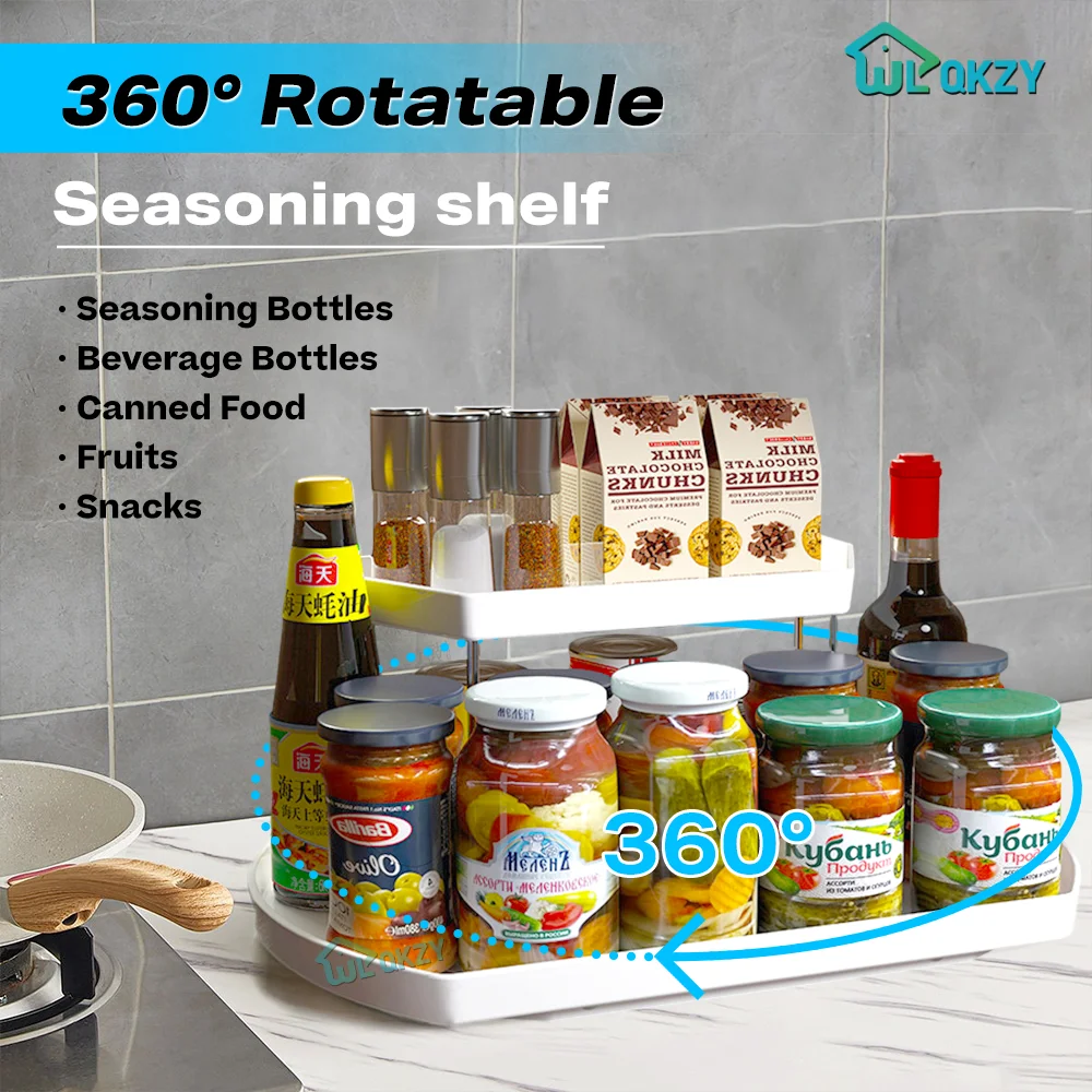 

2 Tier Spice Storage Rack 360° Rotation Kitchen Seasoning Holder Spice Bottle Rack Fridge Cans Bottles Storage Kitchen Organizer