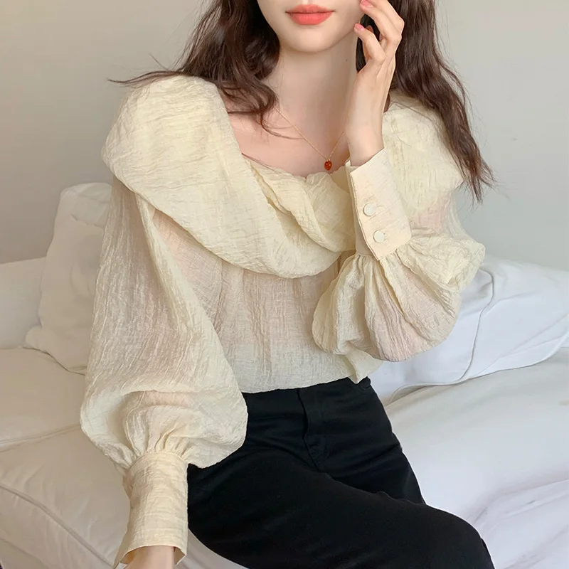 

Fashion Women's Casual Style Chiffon Shirt Spring Autumn Puff Sleeve Tops