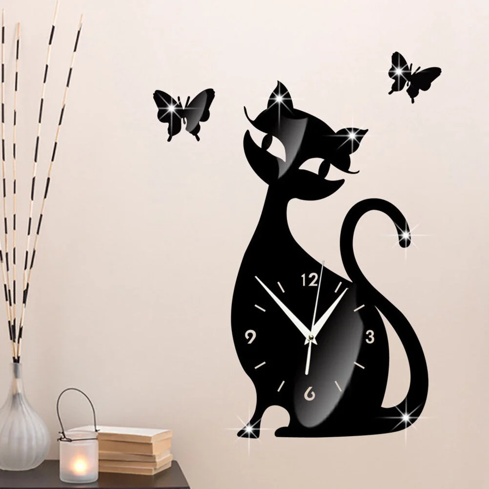 

Wall Clock Cat Mirror Black Wall Clock Modern Design Home Decor Watch