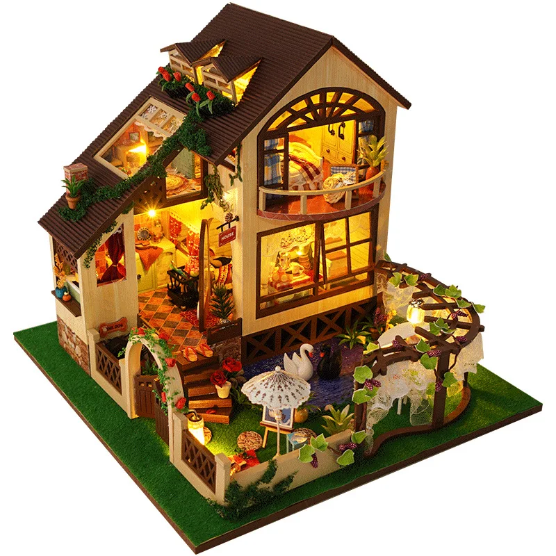 

Wooden Doll House Model Kits Miniature With Furniture Led Lights Large Villa Casa Diy Villa Dollhouse Toys Grown-up Xmas Gifts
