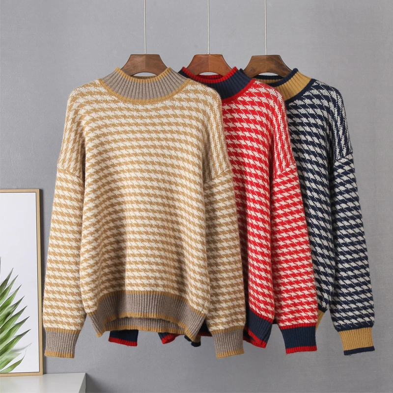 

ZELI 2022 Classic Houndstooth Knitted Sweater Women Autumn Soft Basic Warm Cashmere Pullovers Mock Neck Loose Female Jumper