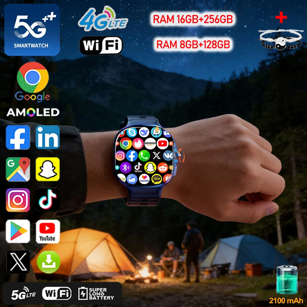 Фото Смарт-часы с поддержкой 5G/4G/3G, AMOLED-экран 720*720, HD-видеозвонки, 16 ГБ+256 ГБ памяти, аккумулятор 2100 мАч, Google APP, Wi-Fi, GPS №1