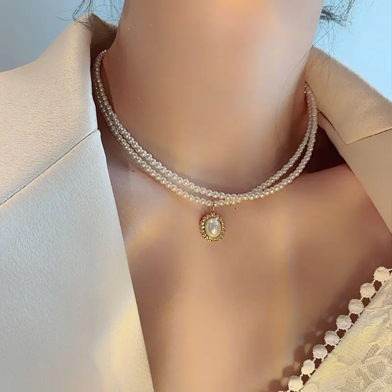 

Double Layer Pearl Necklace Retro Baroque Palace Style Choker Send Girlfriend Gift Senior Sense Pendant Design