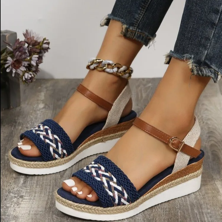 

Ladies Sandals Summer 2022 New Wedge Heel Thick Sole Set Foot Color Matching Fashion Word Buckle Roman Casual Women's Shoes