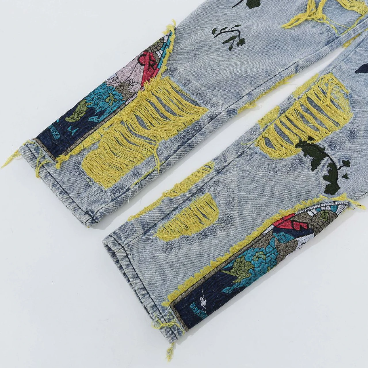 Hip Hop Ripped Denim Pants Jeans Streetwear Embroidery Flower Bird Denim Trousers Harajuku Hole Jeans Pants