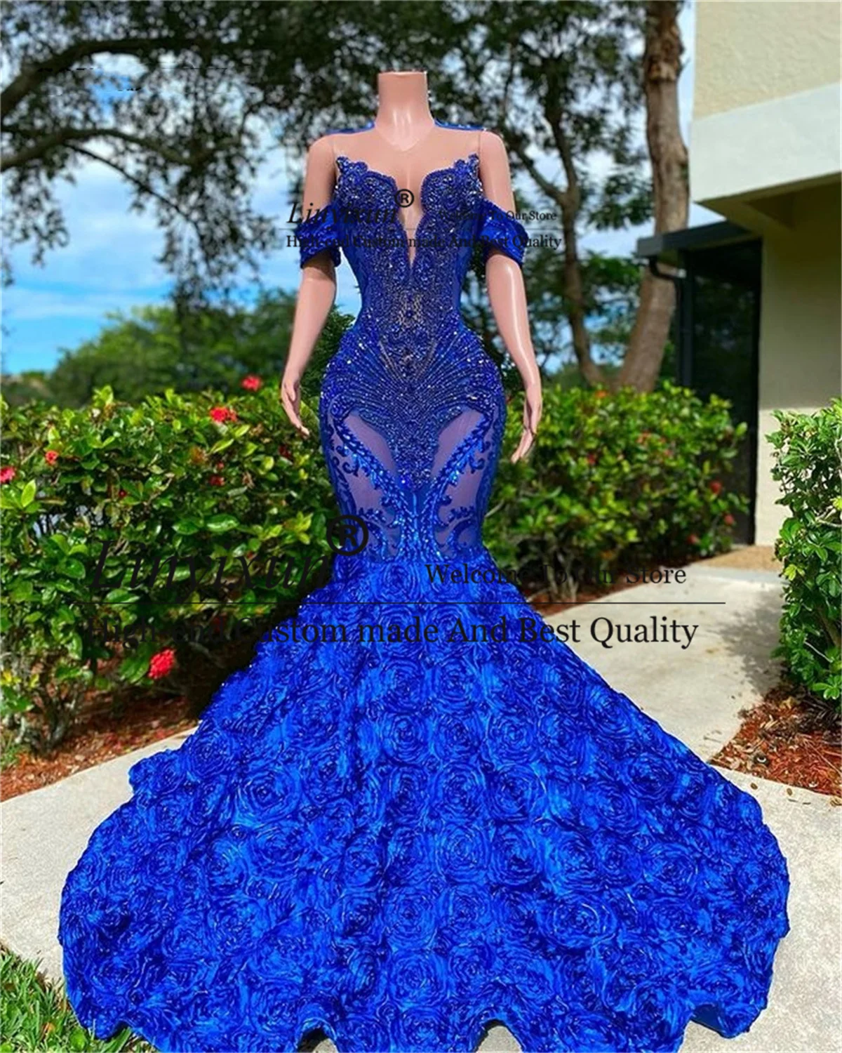 

Luxury Royal Blue Mermaid Prom Dresses For Black Girls Off The Shoulder Formal Evening Party Gowns Ruched Flowers Robe De Soirée