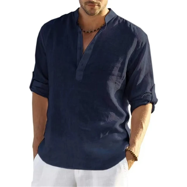Men's Casual Shirt V-neck Sweatshirt Cotton Linen Blouse Loose Fashion Shirts Long Sleeve Spring Summer Brand Streetwear Tops 6