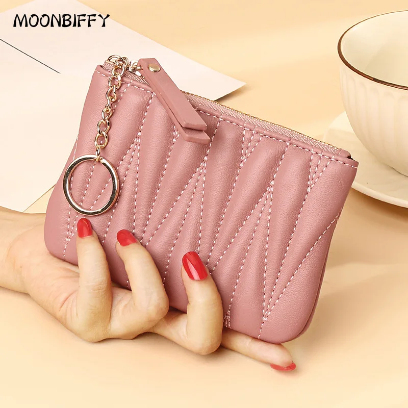

Fashion Coin Purse Pink Zippered Wallet Kidskin Card Holder with Key Ring Mini Card Bag for Women Carteras Para Mujer Purse