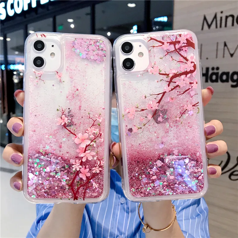 

Glitter Liquid Quicksand Pink Flower Phone Case For Huawei P50 P40 Lite P30 P20 pro Mate50 Mate40 Mate20 Mate30 Pro 4G 5G