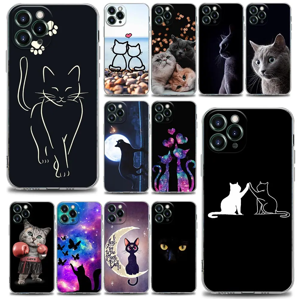 

Funda Coque Clear Phone Case for iPhone Apple 11 12 13 14 Pro 7 8 SE X XR XS Max Mini Plus Case Cover Cute Funny Cat Line Art