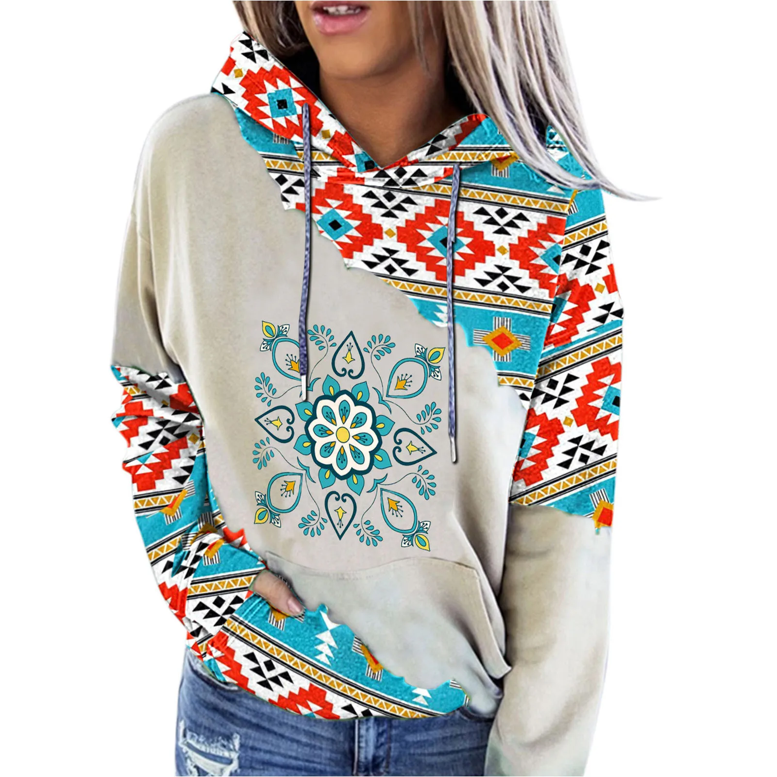 

Women Sweater Pocket Drawstring Vintage Long-Sleeved Hoodie Printed Shirt Blouse Thick Womens Hoodies Pullover Sweatshirt Zip up