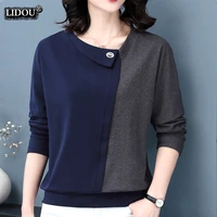 office lady fashion casual patchwork color skew collar skinny long sleeved t shirts elegant comfortable wild top women clothing