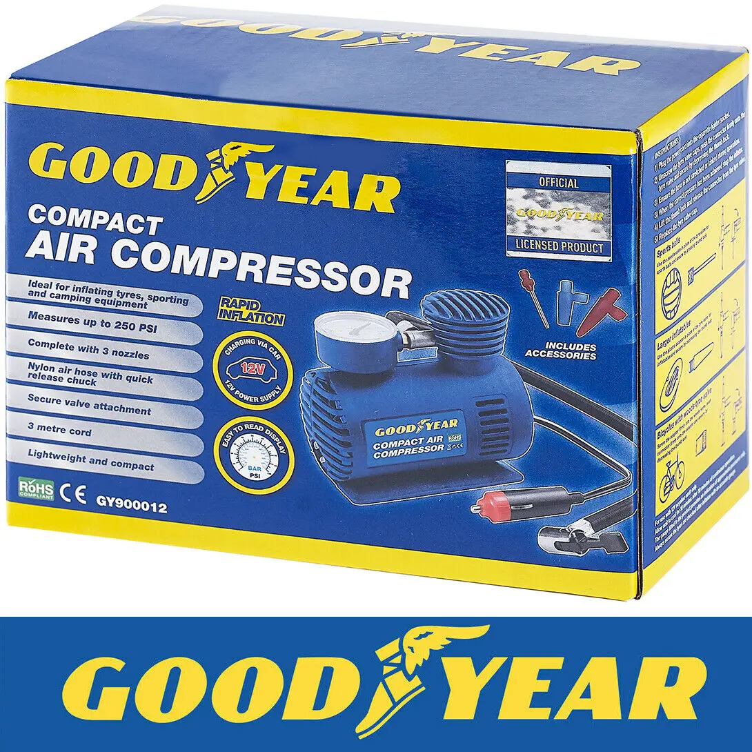 

Goodyear Car Tyre Air Compressor Pump Bike Cycle Compact 3m Cord 12V Inflator
