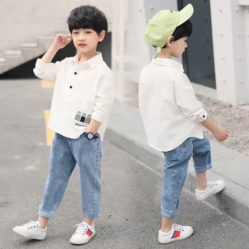 

3-12YKids Boys Clothes Suits Spring and Autumn New Teenage Children's Long-sleeved Shirts and Jeans Two-piece Suit