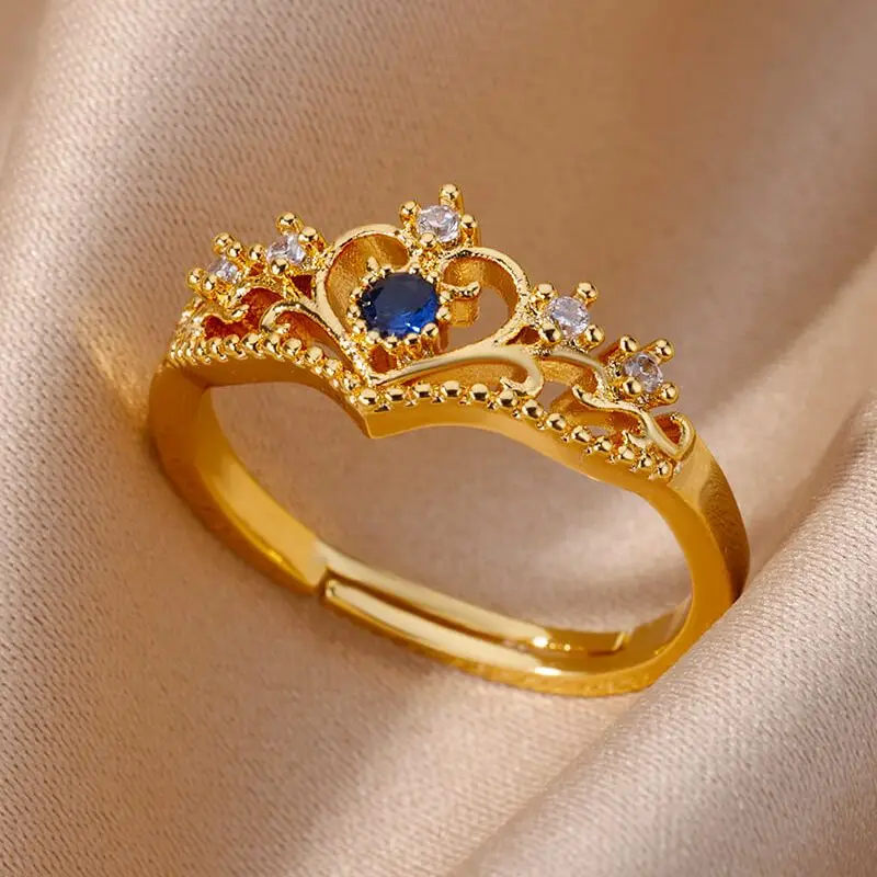 

CZ Blue Crown Rings For Women Stainless Steel Adjustable Finger Rings 2023 Trendy Wedding Party Jewelry Gifts Free Shipping