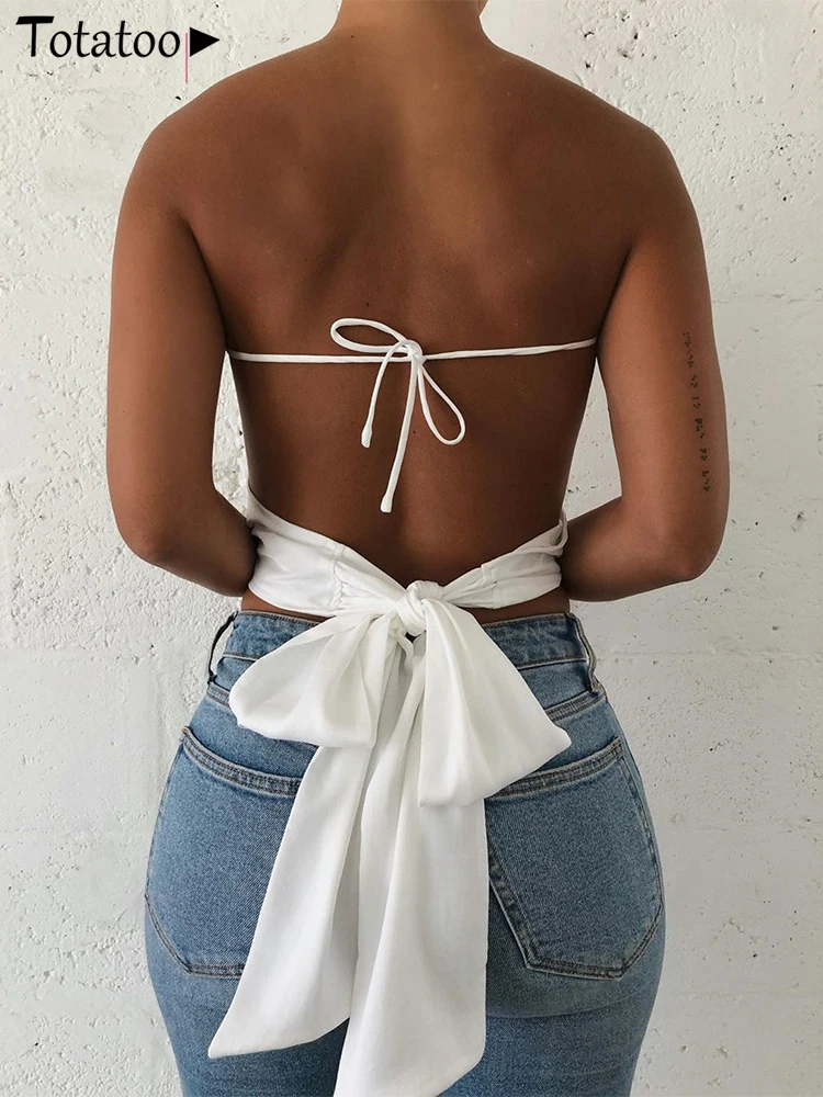 

Totatop Sexy Backless Bow Tie Bandage Tank Top Women 2022 Summer Off Shoulder Sleeveless Beach Party Vest Holiday White Crop Top