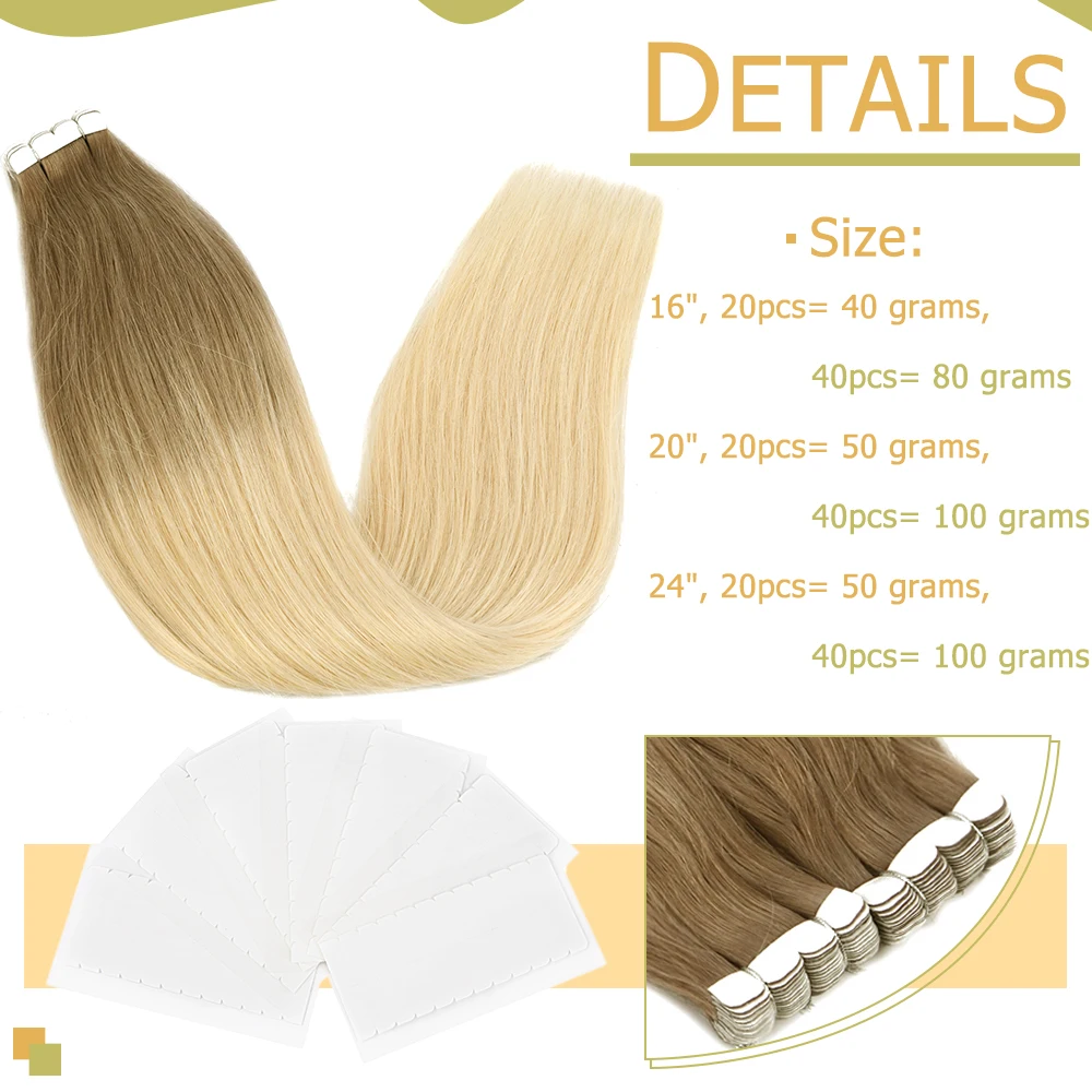 WIT Tape in hair Extensions Human hair Straight Machine Remy European Natural Seamless Skin Weft 10