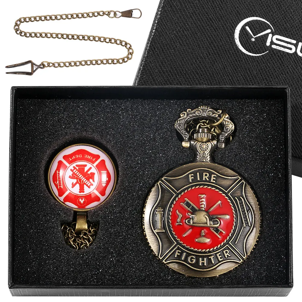 Antique Pocket Watch Necklace Set Men Classic Red Fire Fighter Quartz FOB Watches Pendant Chain Clock Gift Relogio De Bolso