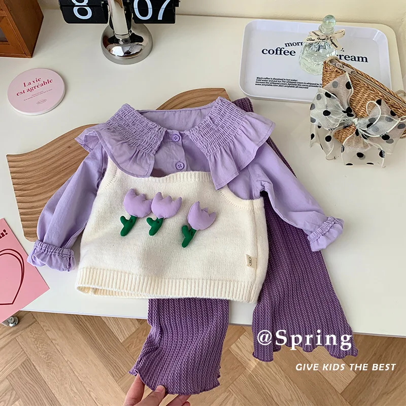 

2023 Spring Autumn Infant Girls 3PCS Patched Flowers Toys Vest Sweaters Suit Solid Ruffles Collar Shirts Knitted Pants Outfit