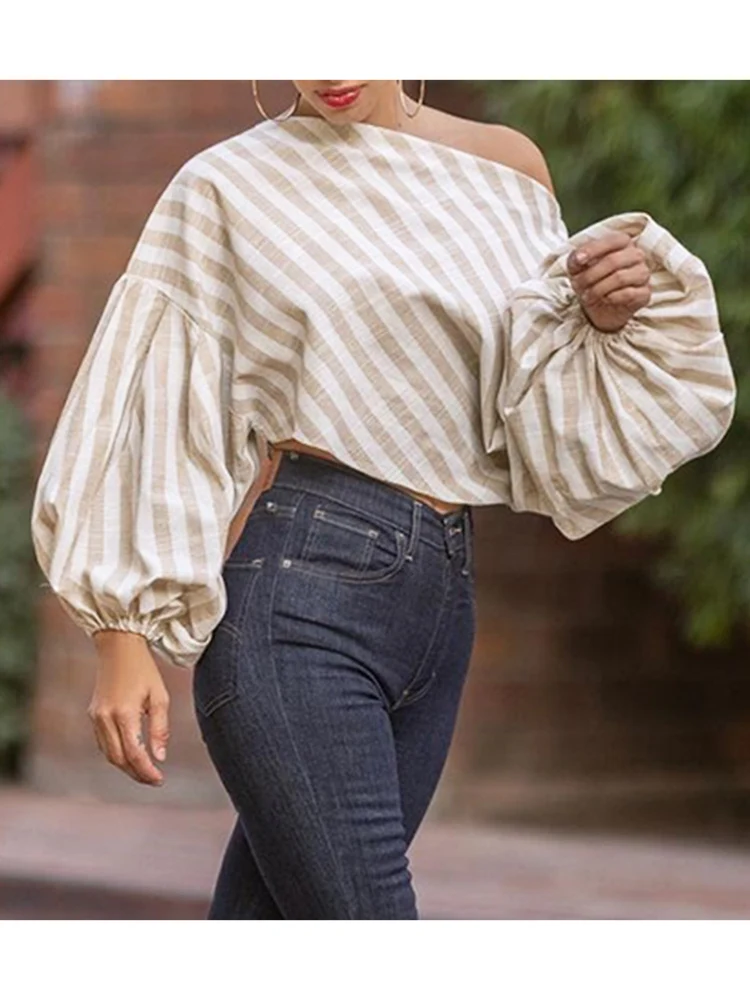 

Women Blouse Off Shoulder Tops 2022 Spring Striped Printed Blusas ZANZEA Sexy Puff Sleeve Shirts Party Elegant Camisas Oversized