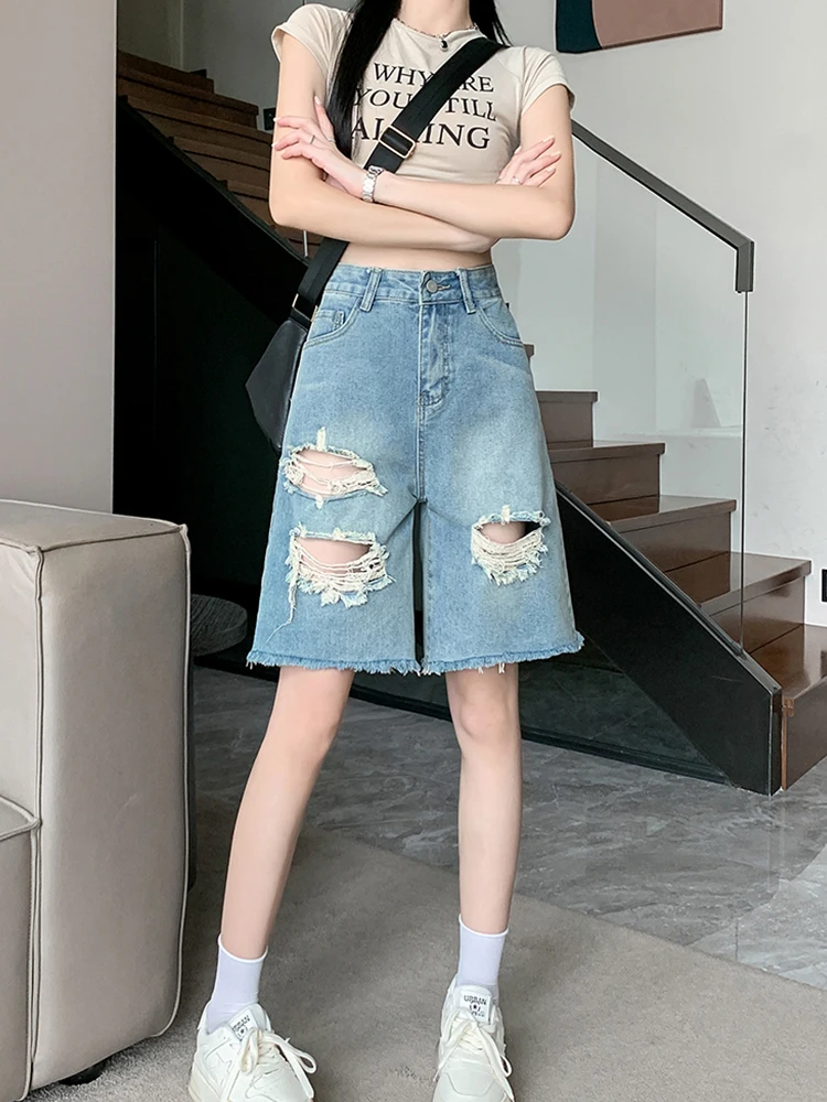 Streetwear Women High Waist Hole Frayed Retro Denim Shorts Spring Summer Female Wide Leg Raw Hem Jeans Shorts Bottoms