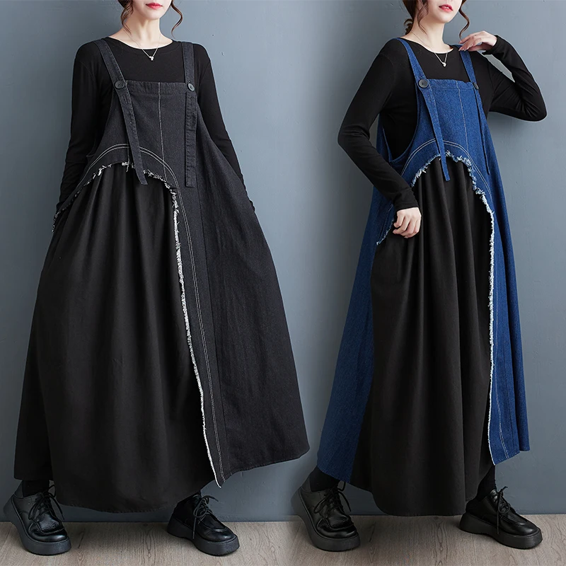 

#2191 Black Blue Long Denim Dress Women Split Joint A-line Irregular Jeans Dress Loose Ankle-length Sleeveless Spaghetti Straps