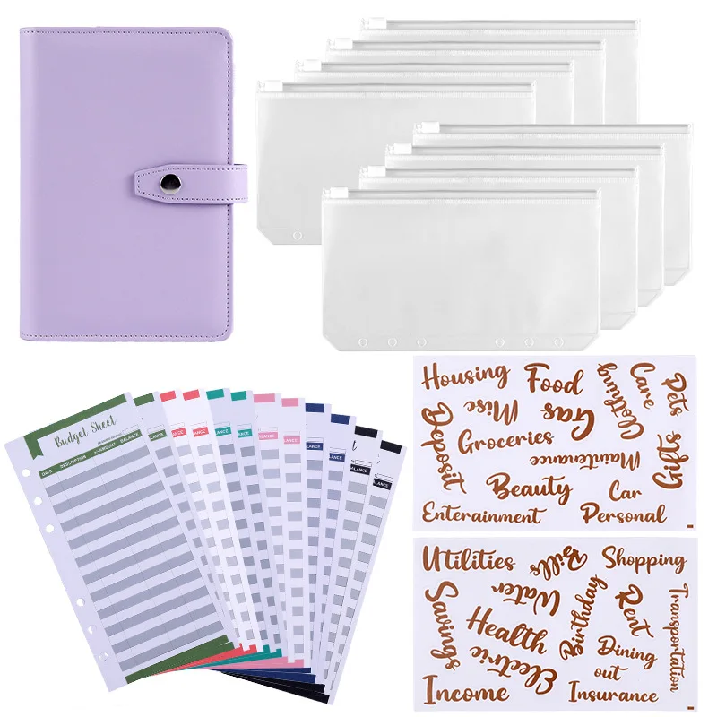 

A6 Pu Budget Binder Refill Themed 8pcs Zipper Pocket 12pcs Budget Sheet 2pcs Gold Letter Stickeer File Folder School Supplies