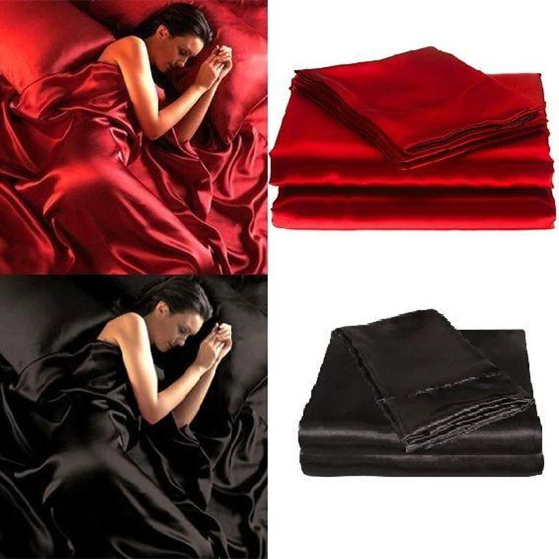 

Latest 95gsm 4 Pce Luxury Satin Silk Soft QUEEN Bed Fitted Bed Sheet - 10 BLACK RED Set Bedspread on The Bed Linens Sheet