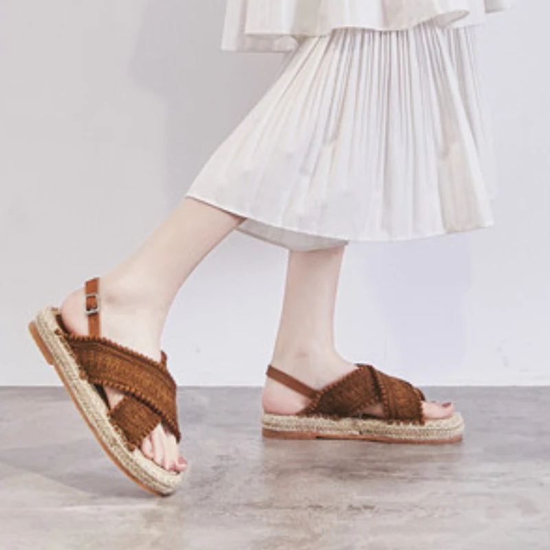 

Сандалии женские из натуральной кожи, босоножки с ремешком из пеньковой веревки, открытый носок, на клейкой шнуровке, праздничные пляжные туфли без каблука, лето