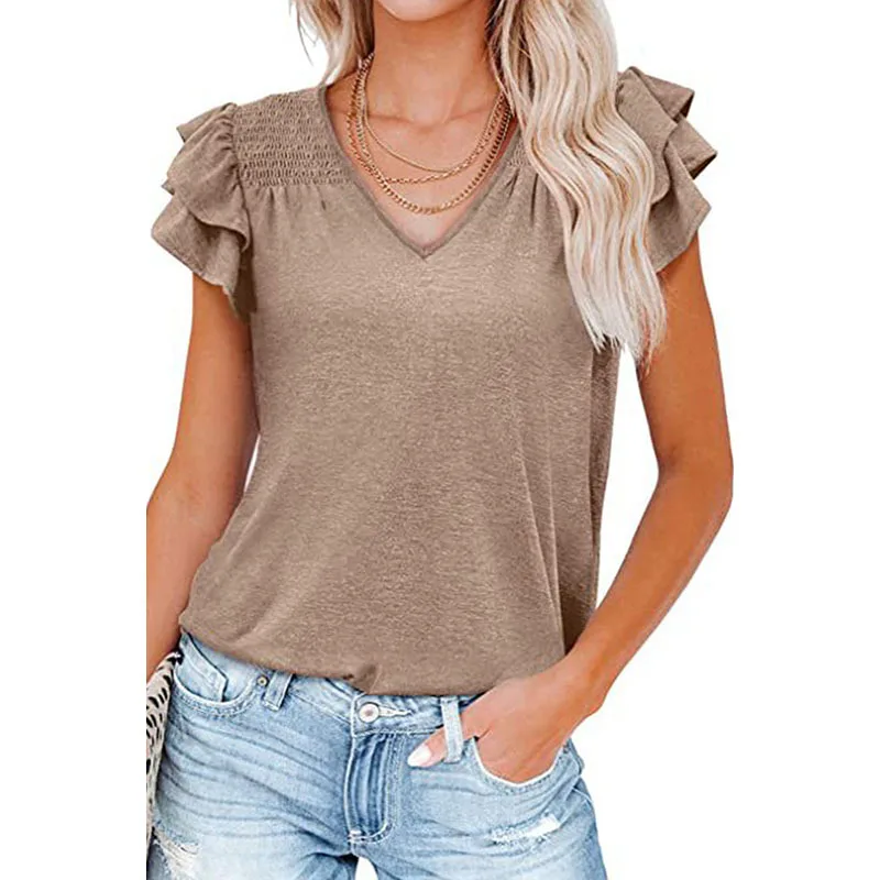 

CYDNEE Classical Ruffled Short Sleeve T-Shirt Women's Elegant V-Neck Solid Summer Ladies Tees Retro Korean Style Tops Female