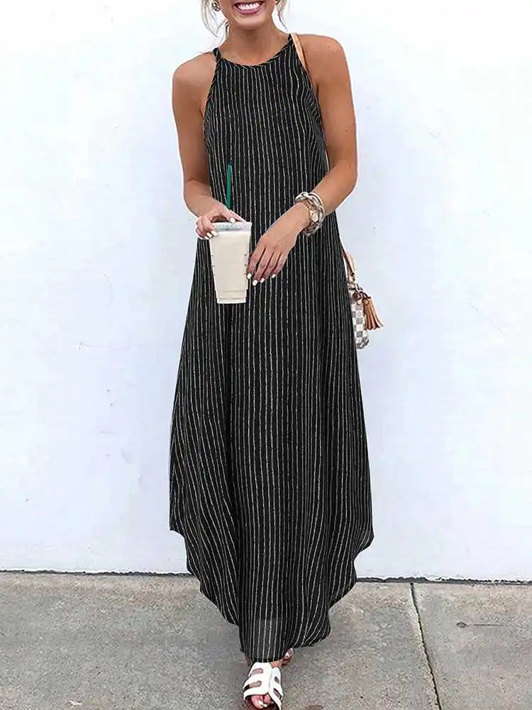 

VONDA 2022 Asymmetric Women Sexy Sundress Casual Bohemian Striped Long Dress Hem Kaftan Sundress Spaghetti Strap Halter Vestidos