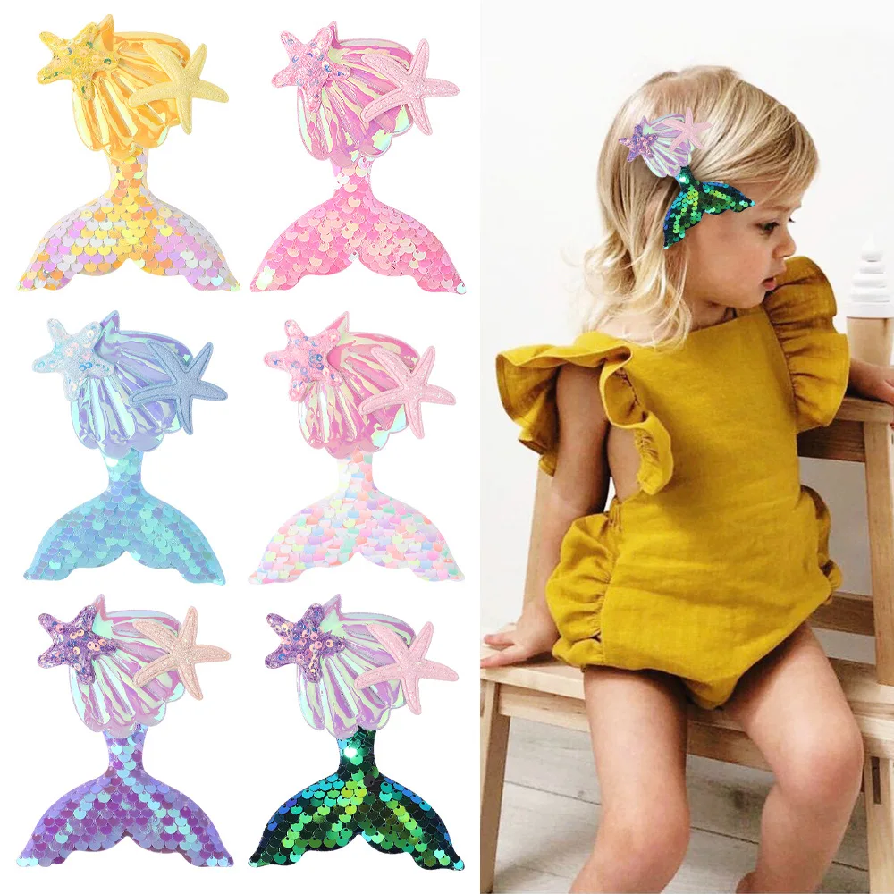 Ful Sequin Fish Tail Starfish Shell Hair Clips Girl Kids Cute Kawaii Fancy Hairpin Accessories Gift