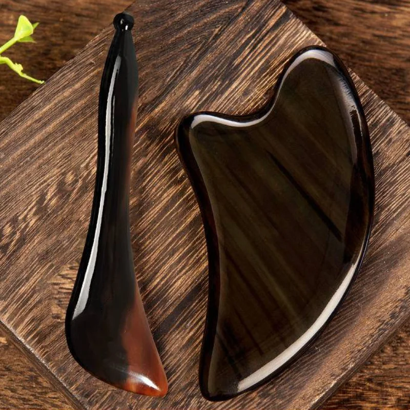 2PCS/Set Gua Sha Facial Tools Real Buffalo Horn Chinese Massage Tool for Face Eyes Neck and Body Guasha Scraping Massager Tool