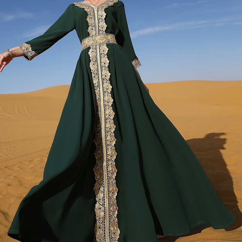 Muslim Woman Dress Moroccan Caftan Marocain Dark Green Embroidered Lace Elegant Vintage Vacation Gorgeous Middle Eastern Dress