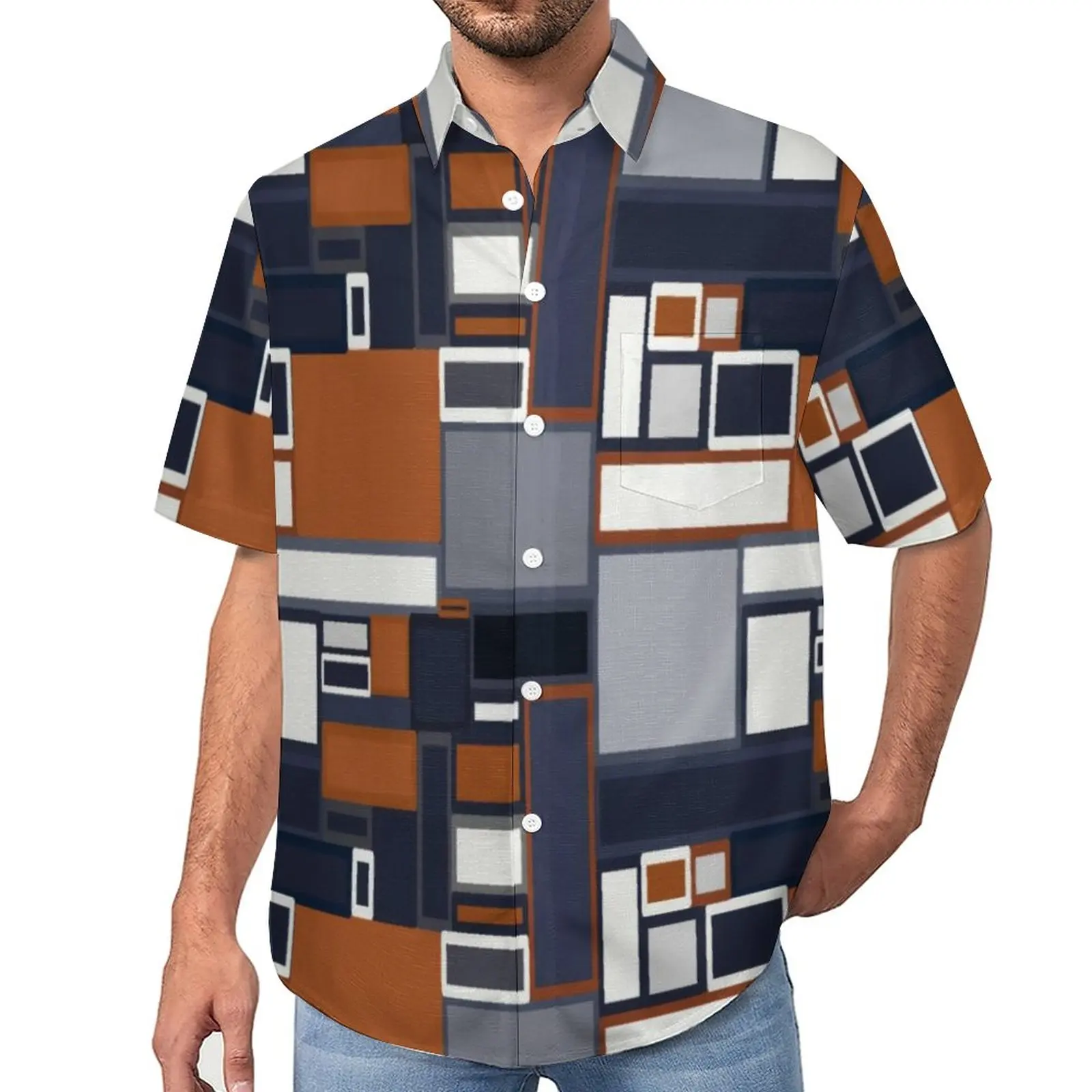 

Mid Century Modern Loose Shirt Mens Beach Geometry Print Casual Shirts Hawaii Custom Short-Sleeved Y2K Oversized Blouses