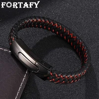 fortafy jewelry black leather rope red nylon rope mixed braided male bracelet stainless steel clasp man bracelete gift fr0047
