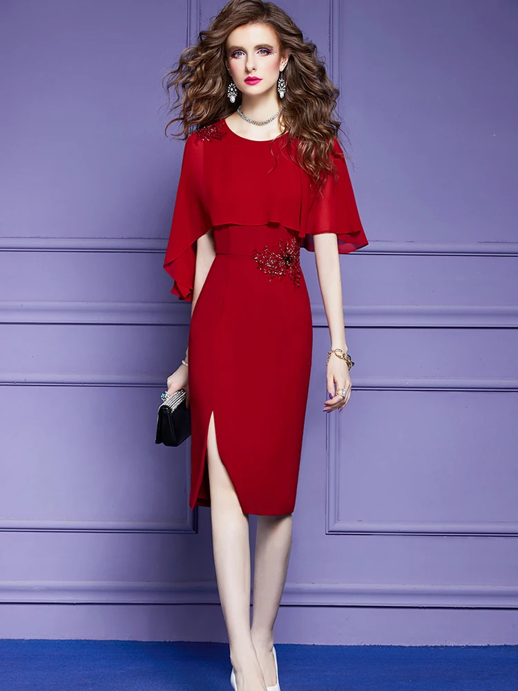 Luxury Beading Red Party Prom Dresses for Women 2023 Summer Vestidos De Fiesta Elegant Cloak Sleeves Cocktail Robes Black