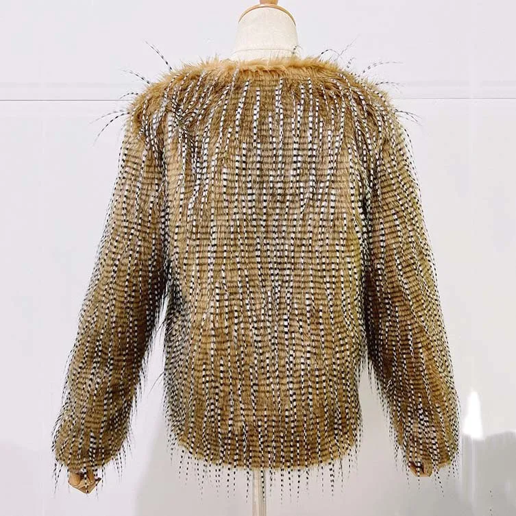 Faux Fur Coat Women Elegant Winter Warm Round Neck Open Stitch Full Sleeve Fashion Elegant Ladies Winter Outwears Jackets & Coat